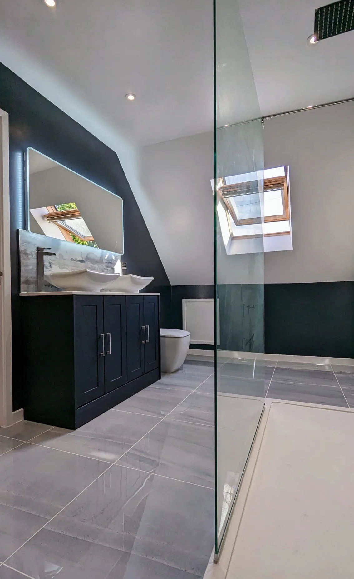 Attic Bathroom Design with Walk-In Shower & Double Vanity Set