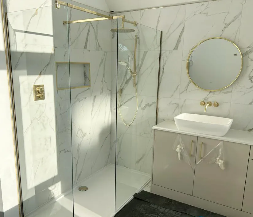 Brushed brass walk-in shower suite with furniture